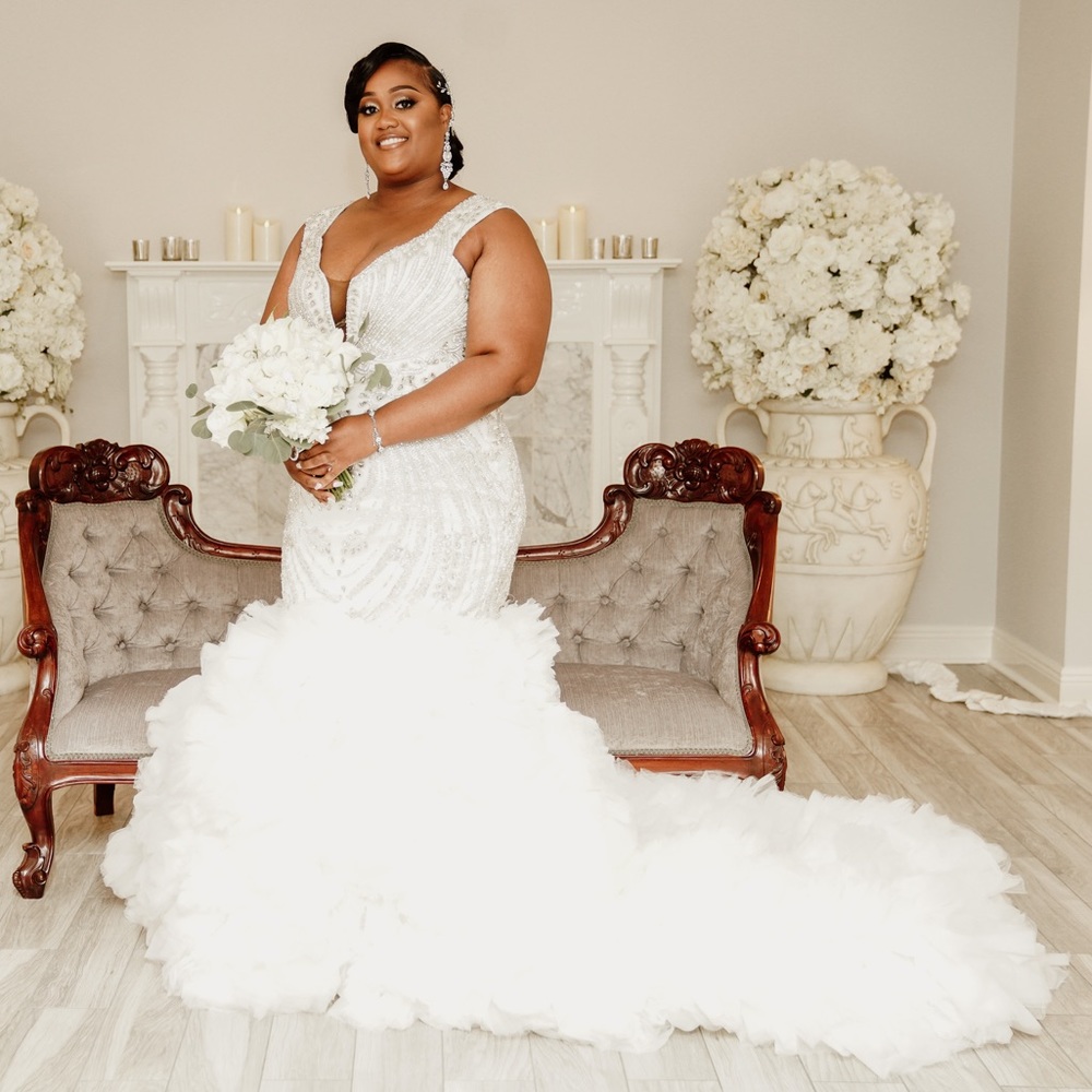 White Custom FJOLLA HAXHISMAJLI Bridal Gown with extended train